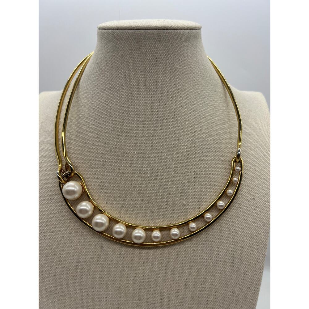 BaubleBar Gold Tone Faux Graduated Pearl Bead Bib Evening Necklace‎ Elegant